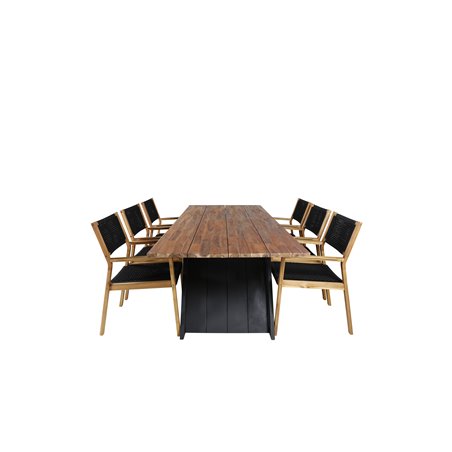 Doory Dining Table - black steel / acacia top in teak look - 250*100cm, Little John Dining Chair - Black Rope / Acacia _6