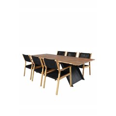 Doory Dining Table - black steel / acacia top in teak look - 250*100cm, Little John Dining Chair - Black Rope / Acacia _6