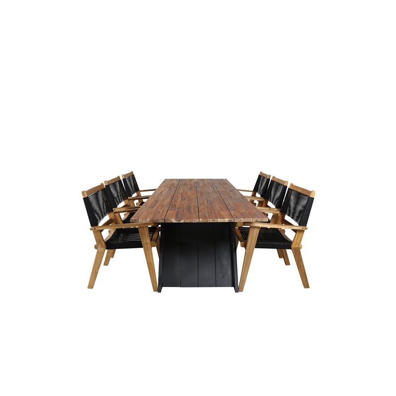 Doory Dining Table - musta teräs / akaasia-yläosa tiikki-ilmeellä - 250 * 100cm, Peter Stackable Dining Chair - Musta köysi / Ak