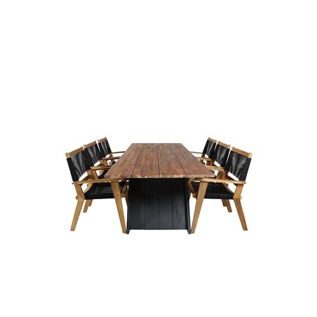 Doory Dining Table - black steel / acacia top in teak look - 250*100cm, Peter Stackable Dining Chair - Black Rope / Acacia KD_6