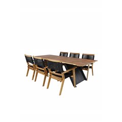 Doory Dining Table - black steel / acacia top in teak look - 250*100cm, Peter Stackable Dining Chair - Black Rope / Acacia KD_6