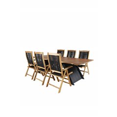 Doory Dining Table - black steel / acacia top in teak look - 250*100cm, Peter 5:pos Chair - Black Rope / Acacia_6