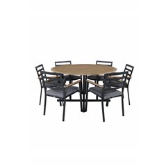 Cruz Dining table - Black Steel / Acacia (teak look) ø140cm, Brasilia Karmstol (stapelbar) - Svart Alu / Teak_6