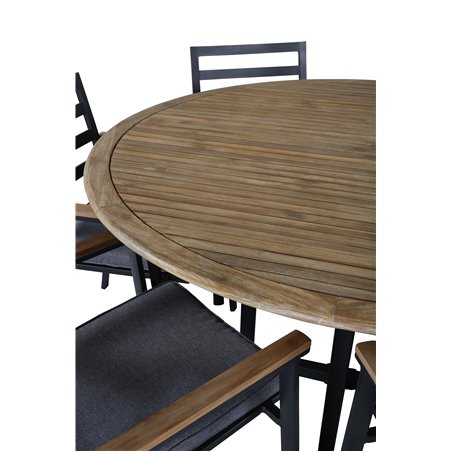 Cruz Spisebord - Sort Stål / Acacia (teak look) ø140cm, Brasilia Lænestol (stabelbar) - Sort Alu / Teak_6
