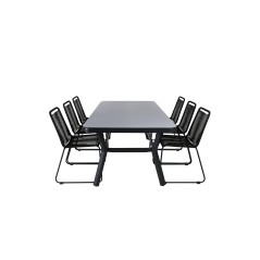 Virya Dining Table - Black Alu / Grey Glass - big table+Lindos Stacking Chair - Black Alu / Black Rope_6