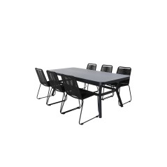 Virya Dining Table - Black Alu / Grey Glass - big table+Lindos Stacking Chair - Black Alu / Black Rope_6