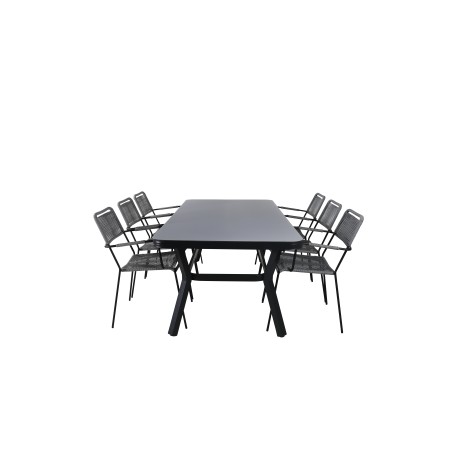 Virya Dining Table - Black Alu / Grey Glass Big Table+Lindos Armchair - Black Alu / Grey Rope