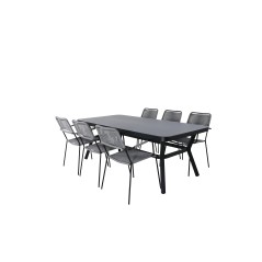 Virya Dining Table - Black Alu / Grey Glass Big Table+Lindos Armchair - Black Alu / Grey Rope