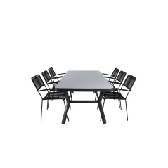 Virya Dining Table - Black Alu / Grey Glass Big Table+Lindos Armchair - Black Alu / Black Rope