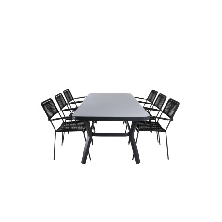 Virya Dining Table - Black Alu / Grey Glass Big Table+Lindos Armchair - Black Alu / Black Rope