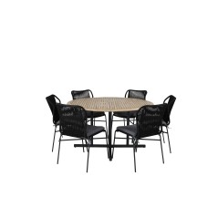 Cruz Dining - Black Steel / Acacia (teak look) ø140cm, Julian Dining Chair - Black Steel / Black Rope 6 6