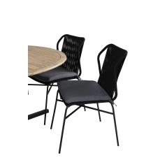 Cruz Dining - Black Steel / Acacia (teak look) ø140cm, Julian Dining Chair - Black Steel / Black Rope 6 6