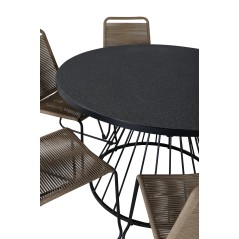 Tropea Dining Table - Black Steel / Grey Spray Glass, Lindos Stacking Chair - Black Alu / Latte Rope