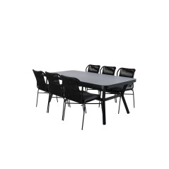Virya Dining Table - Black Alu / Grey Glass - Big Table+Julian Dining Chair - Black Steel / Black Rope 6 6