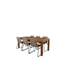 Little John Dining Table - 200*90*H76 - Acacia, Lindos Stacking Chair - Black Alu / Latte Rope