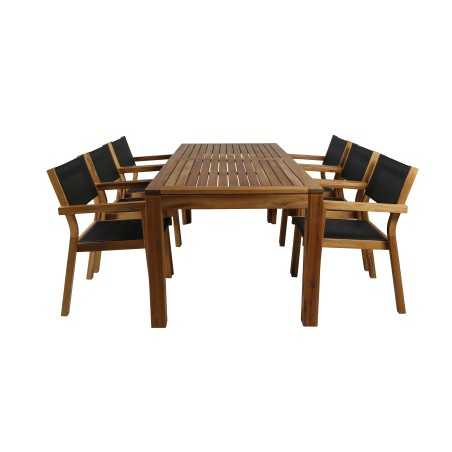 Little John Dining Table - 200*90*H76 - Acacia, Venetsia Stackingchair - Teak / Musta tekstiili