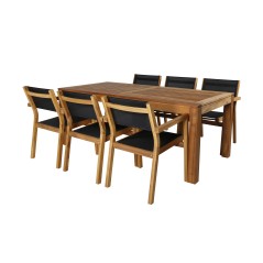 Little John Dining Table - 200*90*H76 - Acacia, Venetsia Stackingchair - Teak / Musta tekstiili