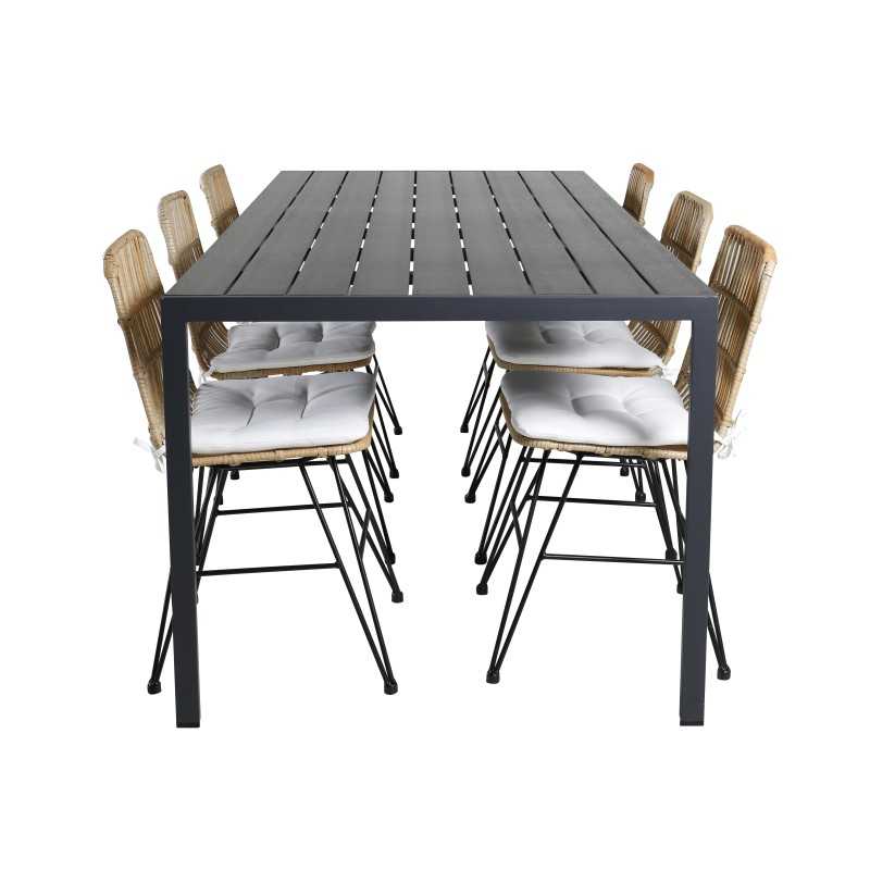 Break Table 205*90 – Black/Blacky Dining Chair – Black Steel/Light Nature Wicker/White Cushion