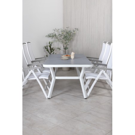 Virya Dining Table - White Alu / Grey Glass - Big Table Albany 5:pos Stol - Valkoinen alumiini/valkoinen tekstiili