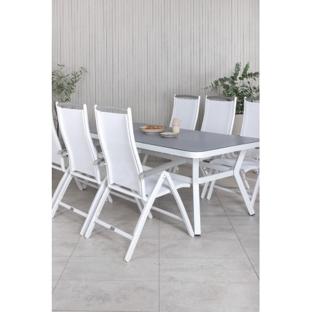 Virya Dining Table - White Alu / Grey Glass - Big Table Albany 5:pos Stol - Valkoinen alumiini/valkoinen tekstiili