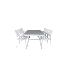 Virya Dining Table - White Alu / Grey Glass - big table+Santorini Arm Chair (Stackable) - White Alu / White Textilene_6
