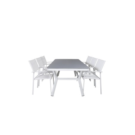 Virya Dining Table - White Alu / Grey Glass - big table+Santorini Arm Chair (Stackable) - White Alu / White Textilene_6