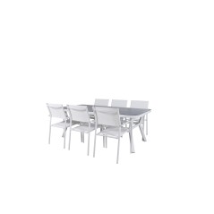Virya Spisebord - Hvid Alu / Grå Glas - stort bord + San torini Arm Chair (stabelbar) - Hvid Alu / Hvid Textilene_6