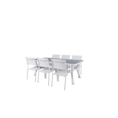 Virya Dining Table - White Alu / Grey Glass - big table+Santorini Arm Chair (Stackable) - White Alu / White Textilene_6