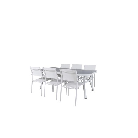 Virya Dining Table - White Alu / Grey GlassSanTorini Arm Chair (Valkoinen alu/valkoinen tekstiili)