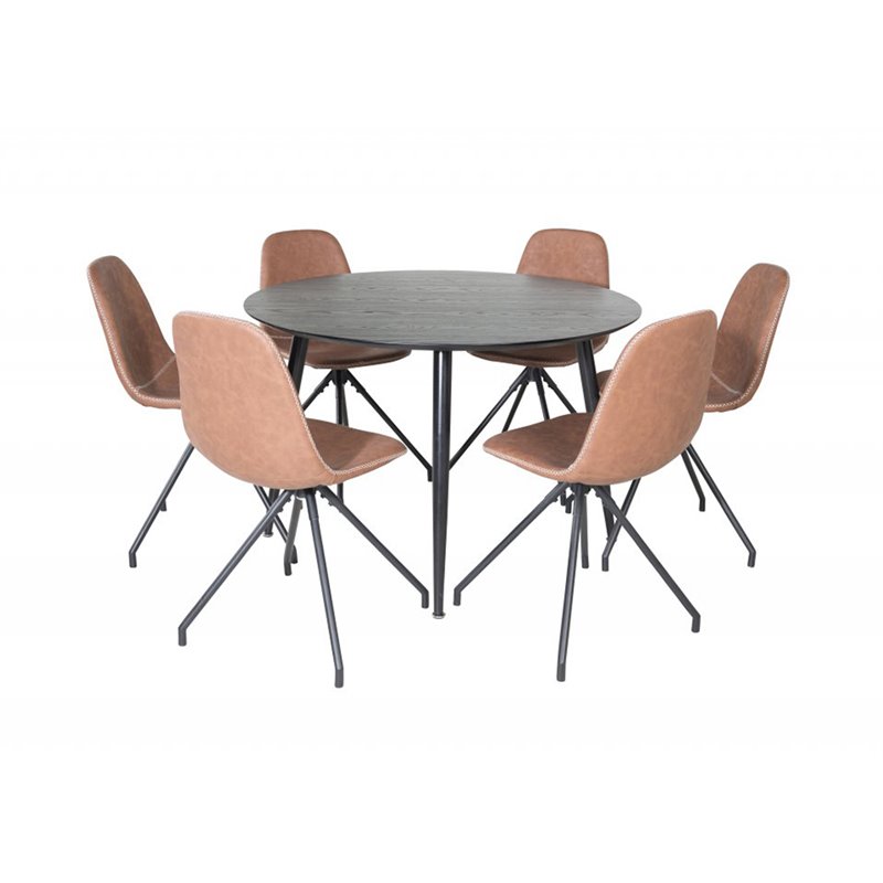 Dipp Dining Table - 115cm - Black Veneer / All black legs , Polar Dining Chair with Spin function - black Legs - Brown PU - Whit