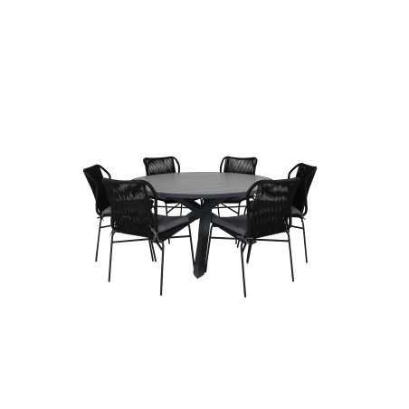 Parma - Table ø 140 - Black Alu/Grey Aintwood, Julian Dining Chair - Black Steel / Black Rope
