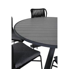 Parma - Table ø 140 - Black Alu/Grey Aintwood, Julian Dining Chair - Black Steel / Black Rope