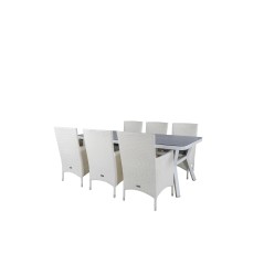 Virya Dining Table - White Alu / Grey Glass - big table+Malin Karmstol med dyna - Vit / grå dyna_6