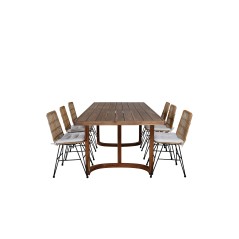 Erica Dining table acacia wire brushed 214*100, Viga Dining Chair - Black steel / Light Nature Wicker / White Cushion_6