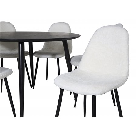 Dipp Dining Table - 115cm - Black Veneer / All black legs , Polar Fluff Dining Chair - Black Legs - White Teddy _6