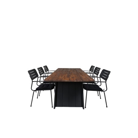 Doory Dining Table - black steel / acacia top in teak look - 250*100cm, Nicke Dining chair w, armrest - Black Steel_6
