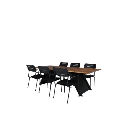 Doory Spisebord - sort stål / akacie plade i teak look - 250 * 100cm, Nicke Spisestuestol m, armlæn - Sort Stål_6