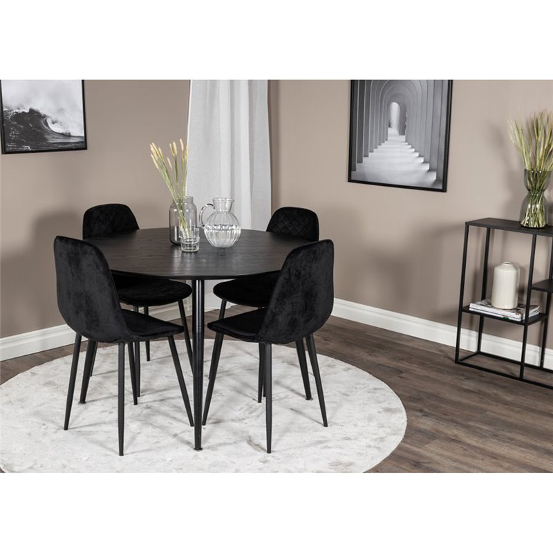 Dipp Dining Table - 115cm - Black Veneer / All black legs , Polar Diamond Dining Chair - Black Legs - Black Velvet_4