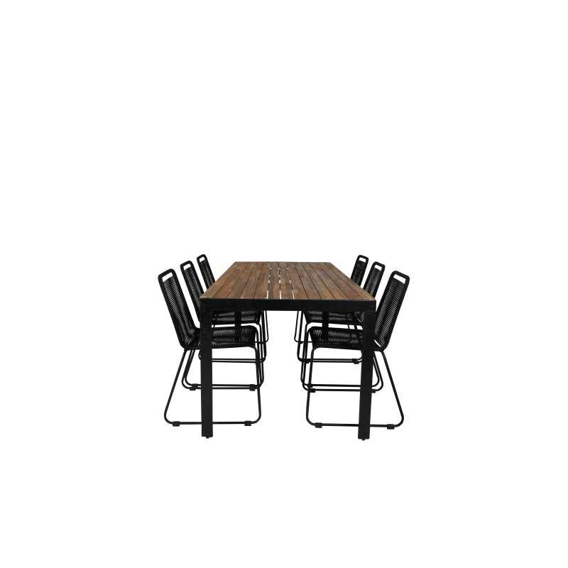 Bois Dining Table 205*90cm Black Legs / Acacia, Lindos Stacking Chair - Black Alu / Black Rope