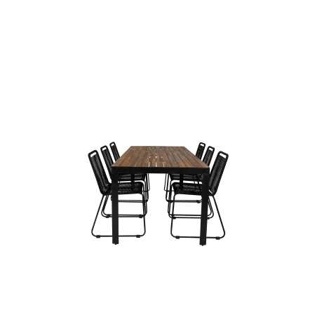 Bois Dining Table 205*90cm Black Legs / Acacia, Lindos Stacking Chair - Black Alu / Black Rope