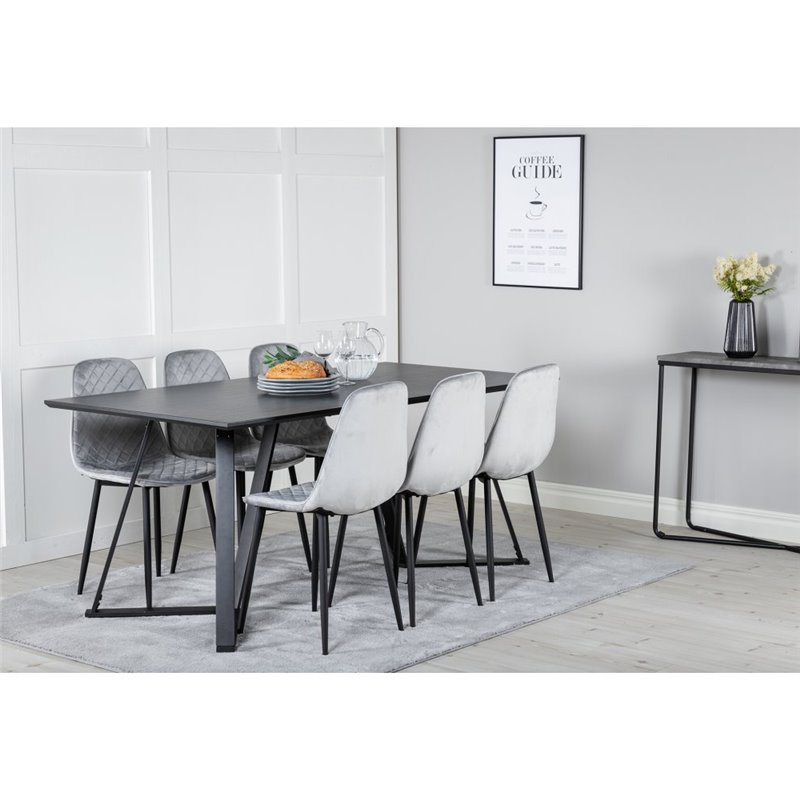 Marina Dining Table - Black top / Black Legs , Polar Diamond Dining Chair - Black Legs - Grey Velvet_6