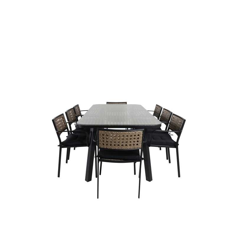 Paola matbord - svart stål / naturvicker - 200 * 100 + Paola matsalstol - svart stål / naturvicker / svart kushion_8