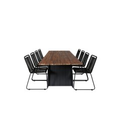 Doory Dining Table - black steel / acacia top in teak look - 250*100cm, Lindos Stacking Chair - Black Alu / Black Rope_8