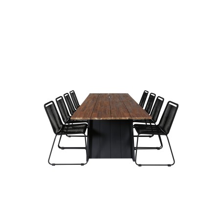 Doory Spisebord - sort stål / akacie plade i teak look - 250 * 100cm, Lindos Stacking Chair - Sort Alu / Sort rep_8