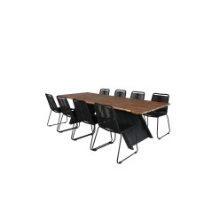 Doory Matbord - Svart Stål / Acacia Topp i Teak Look - 250 * 100cm, Lindos Stapelbar stol - Svart Aluminium / Svart Rep_8