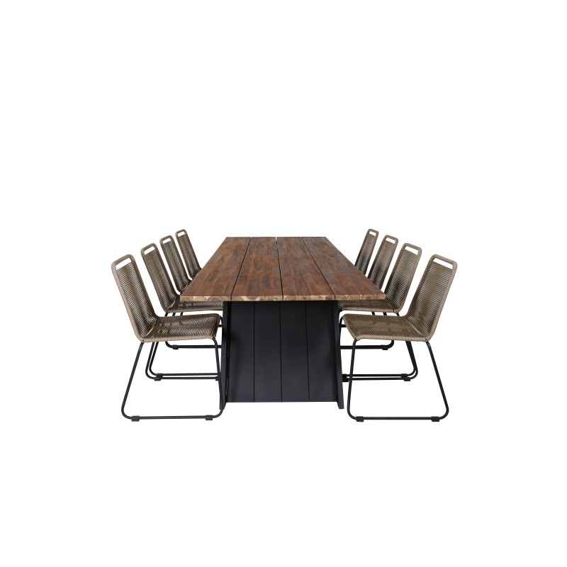 Doory Spisebord - sort stål / akacie plade i teak look - 250 * 100cm, Lindos Stacking Chair - Sort Alu / Latte Rope_8
