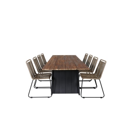 Doory Dining Table - musta teräs / akaasia-yläosa tiikki-ilmeessä - 250 * 100cm, Lindos Stacking Chair - Musta Alu / Latte Rope_