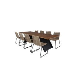 Doory Spisebord - sort stål / akacie plade i teak look - 250 * 100cm, Lindos Stacking Chair - Sort Alu / Latte Rope_8