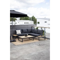 Panama Corner soffa - Svart Aluminium / Grå Kuddar / Acacia