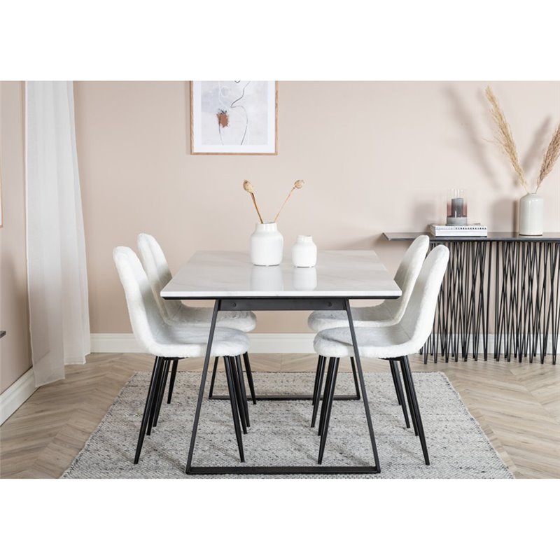 Estelle Dining Table 140*90 - White / Black, Polar Fluff Dining Chair - Black Legs - White Teddy _4